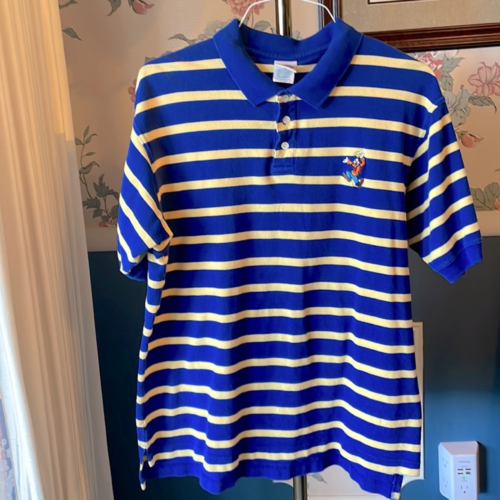 Vintage Goofy The Disney Store polo blue yellow stripe horizontal large L short
